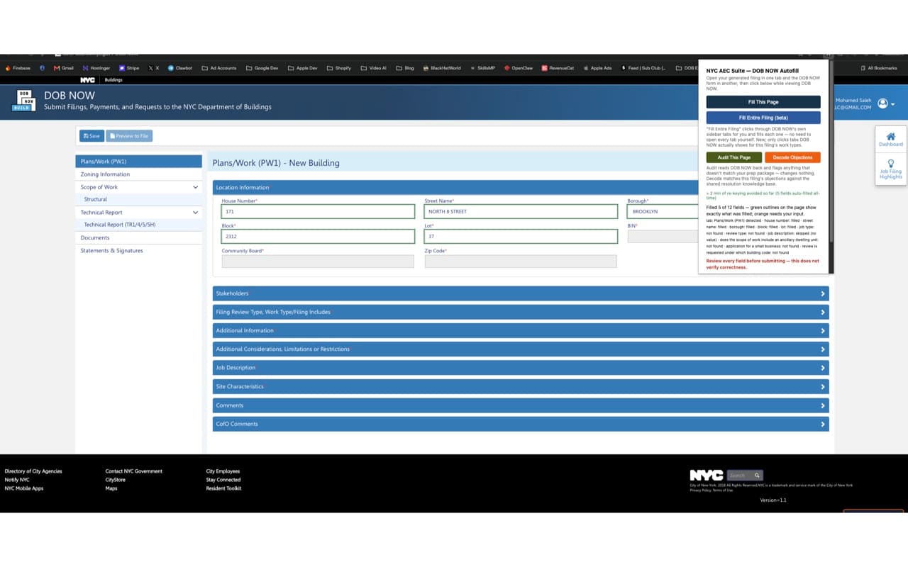 DOB NOW form auto-filled by DOB Desk with green outlines on every filled field