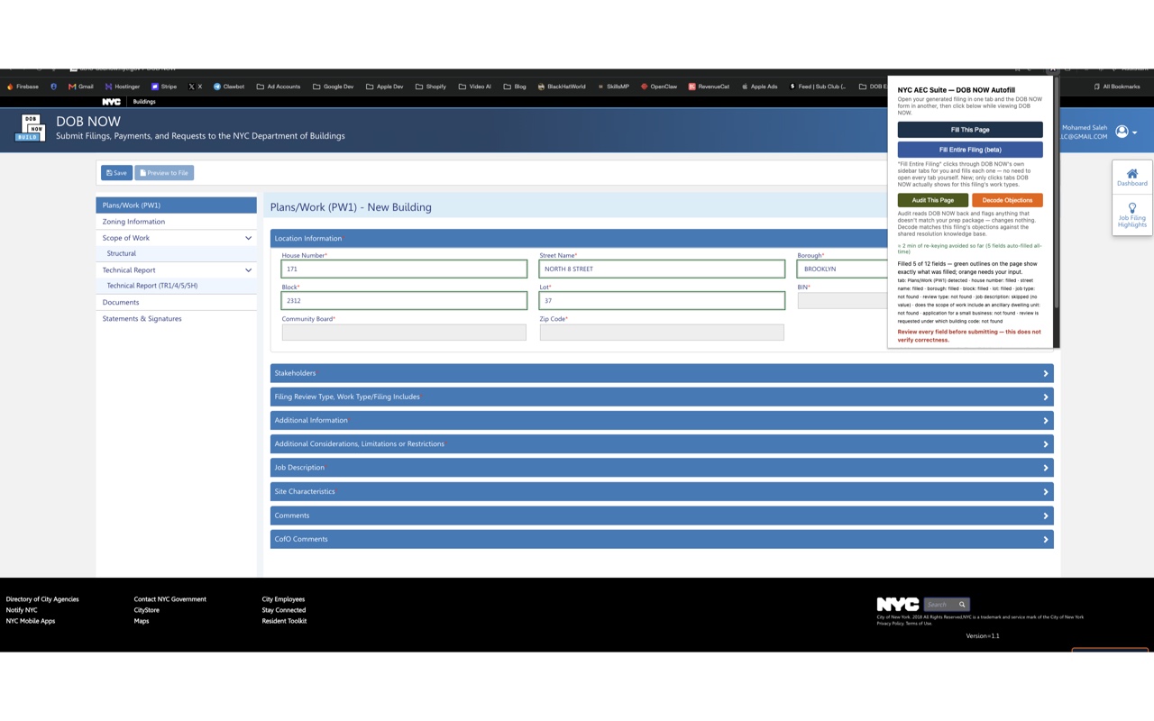 DOB NOW form auto-filled by DOB Desk with green outlines on every filled field